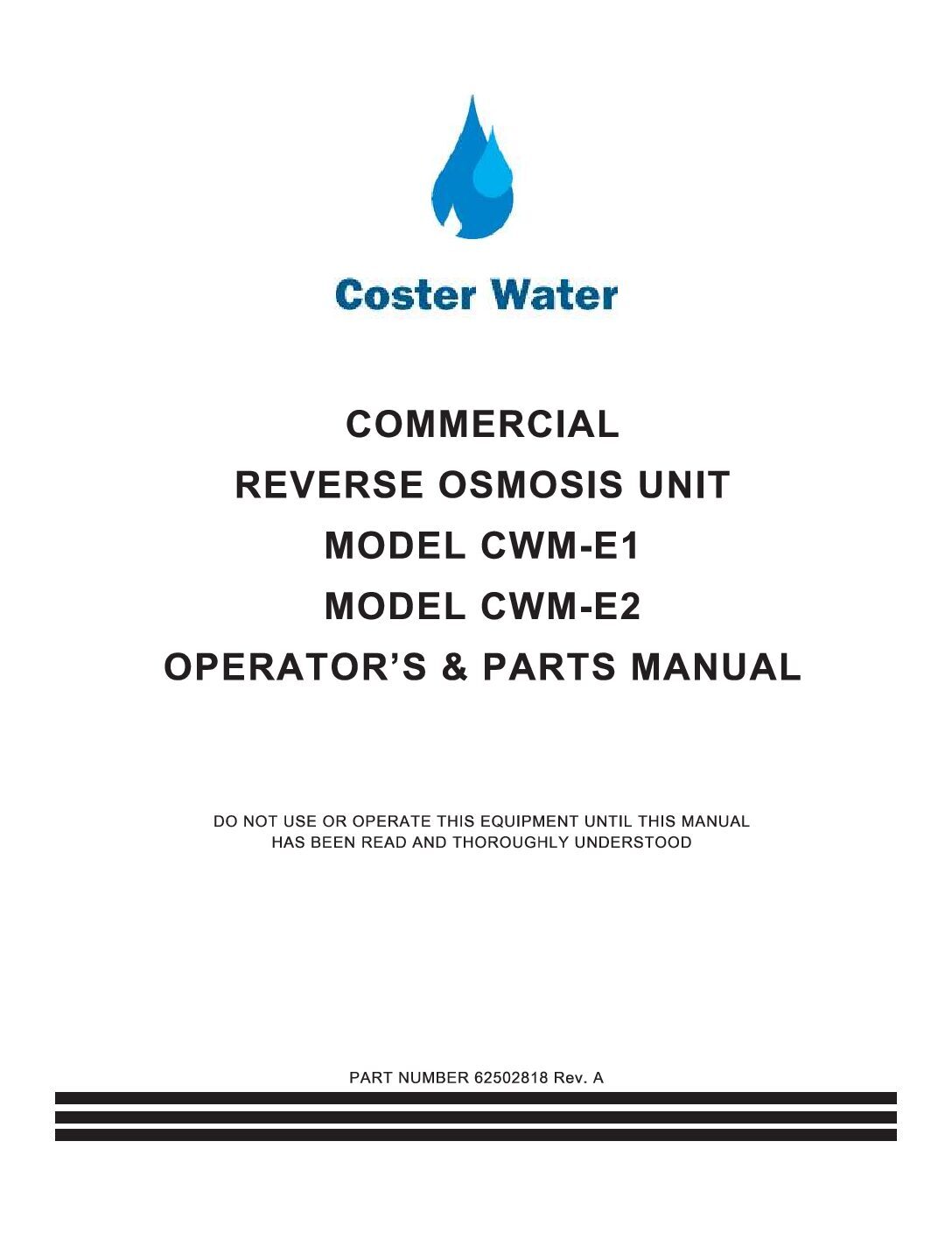 Commercial Wall Mount RO System- Operator's & Parts Manual